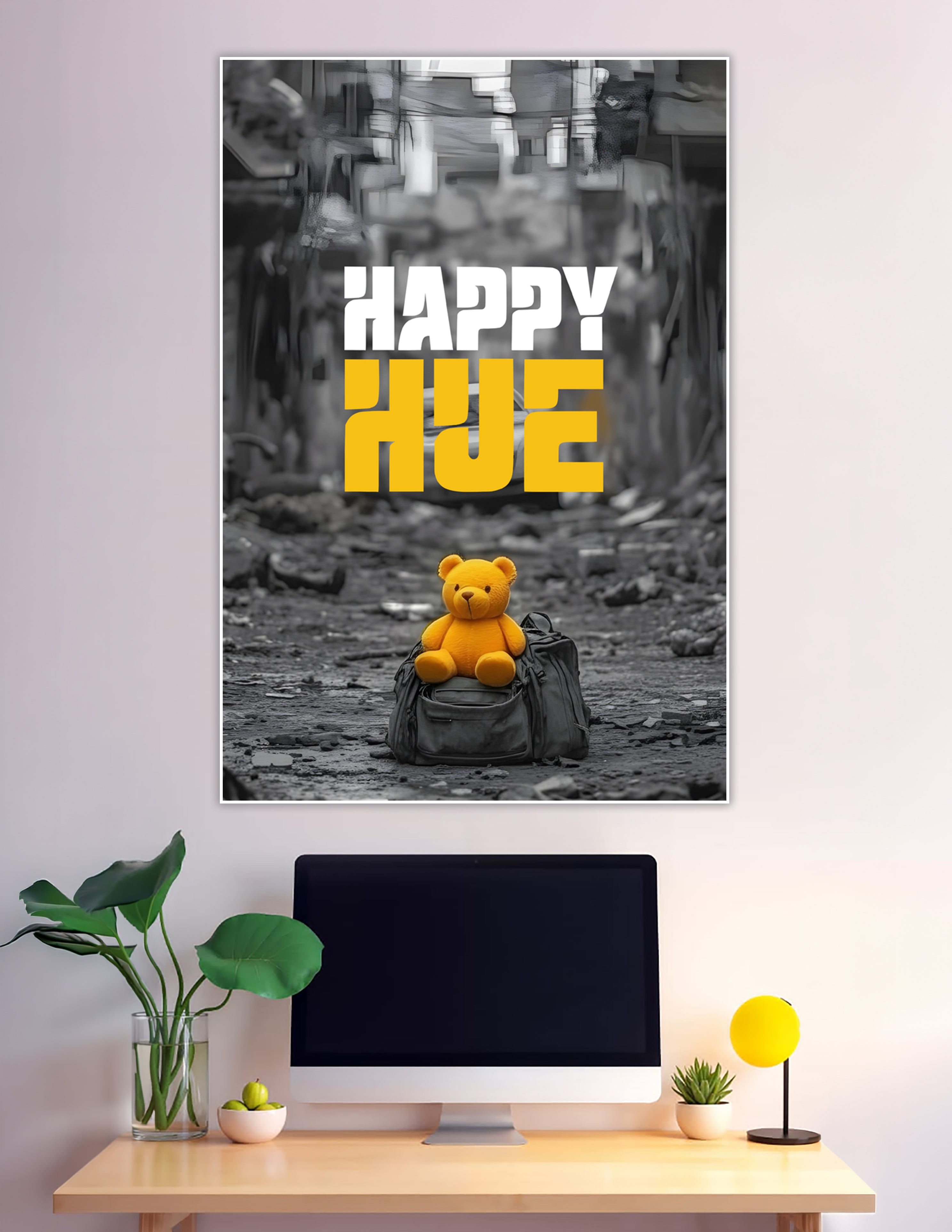 Black and white urban ruins background with a vivid yellow teddy bear on a bag and bold 'Happy Hue' typography overlay