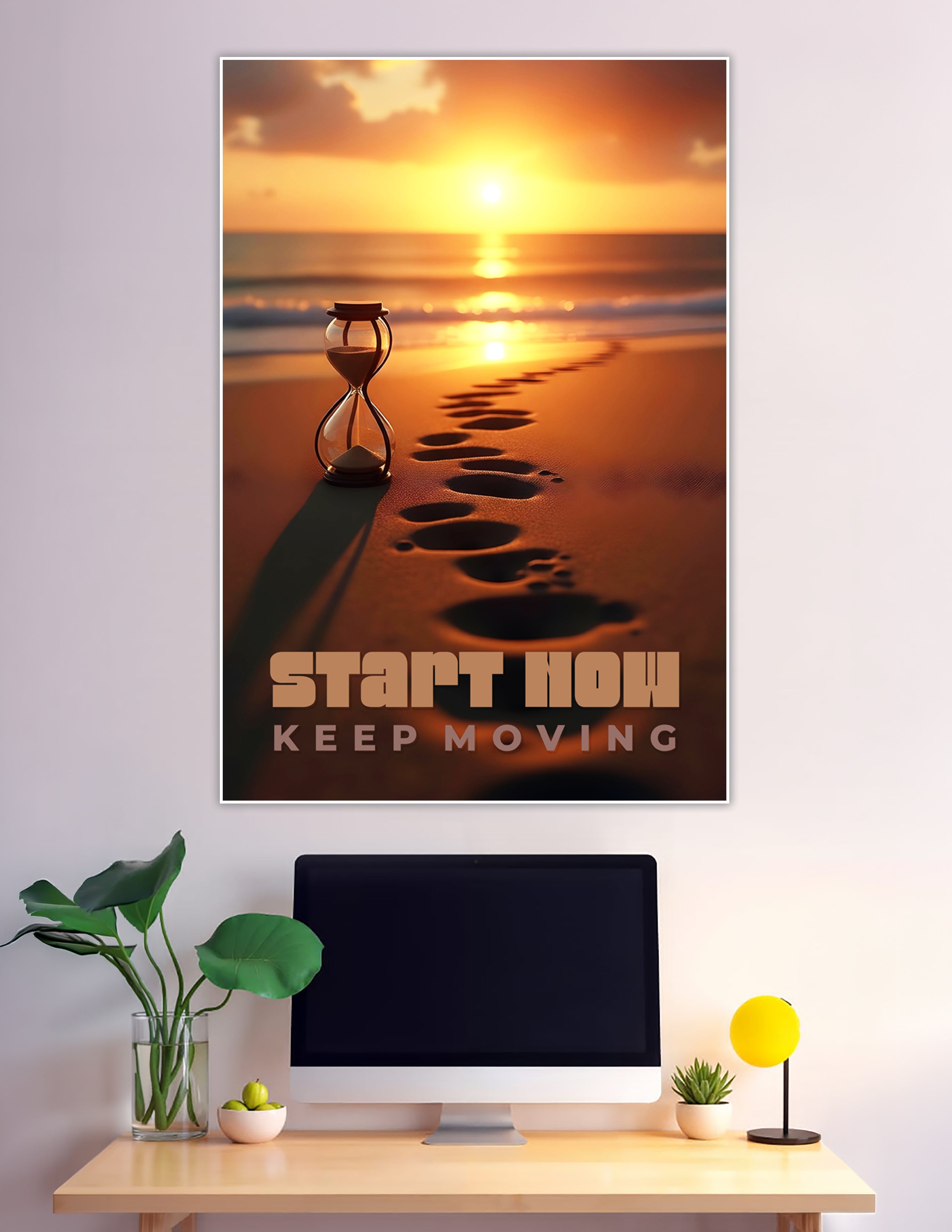 Hourglass on beach at sunset with footprints motivational poster