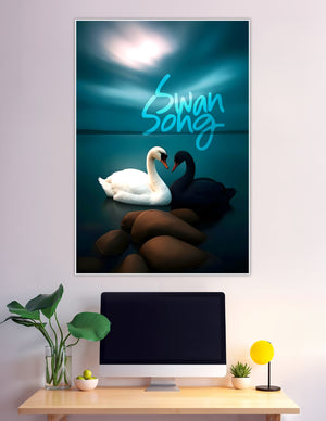 White and black swans facing each other on teal water