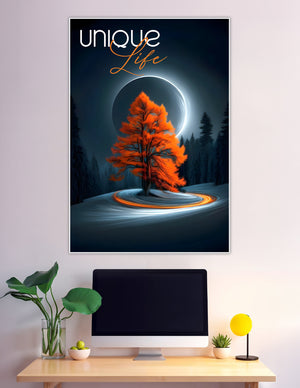Glowing orange tree under lunar eclipse winter forest poster