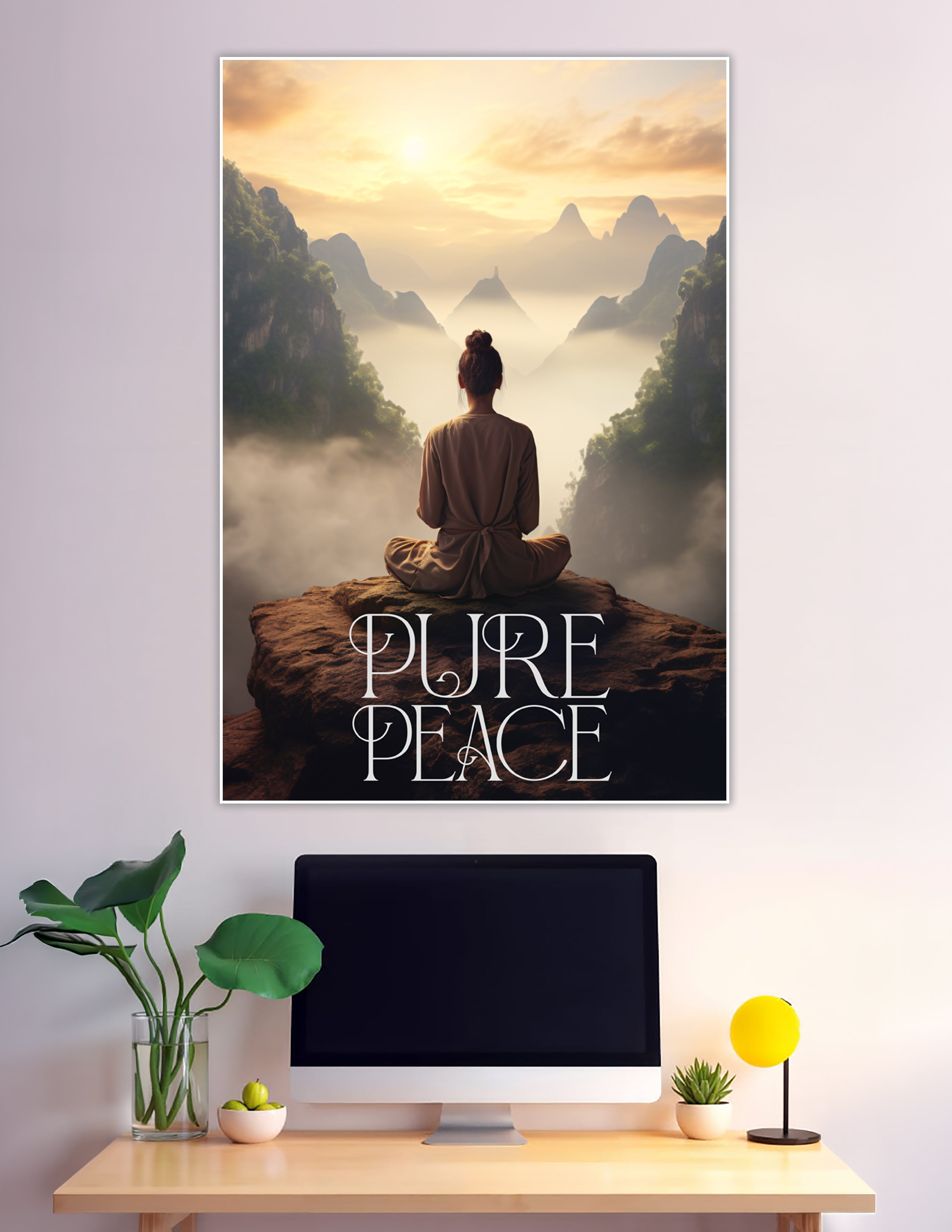 Woman meditating on misty mountain cliff at sunrise
