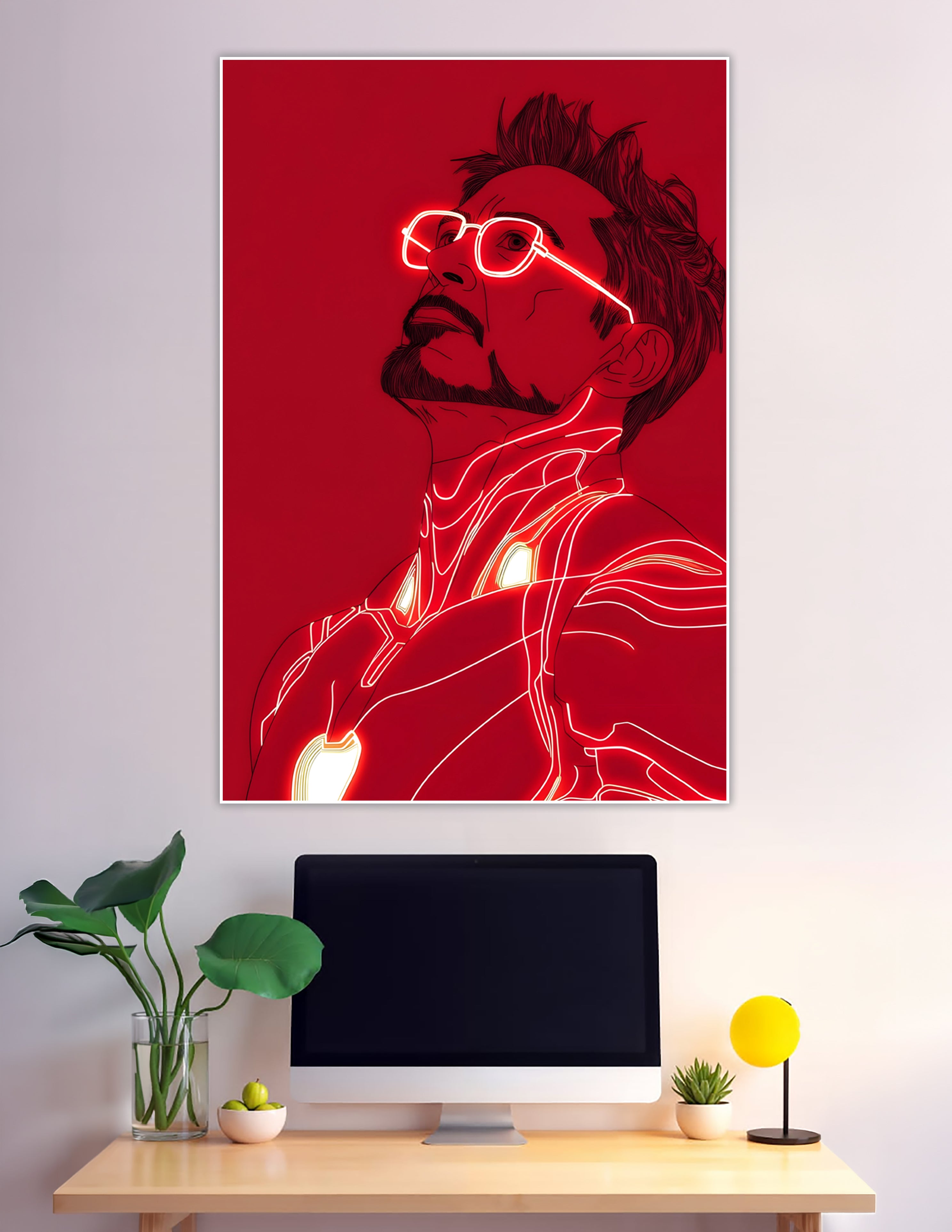 Tony Stark Iron Man neon line art red poster