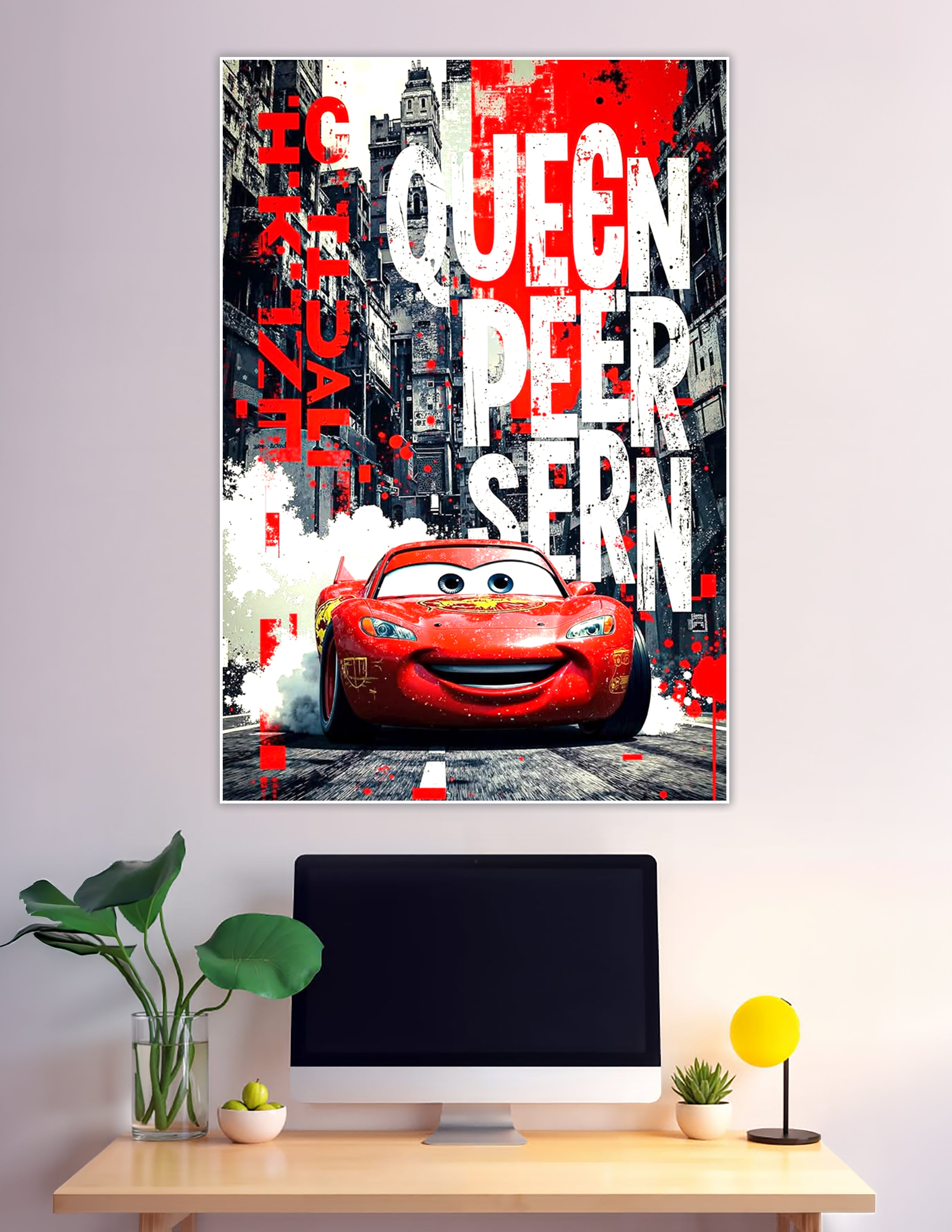 Lightning McQueen red race car urban street art poster with bold white and red typography on a gritty city background