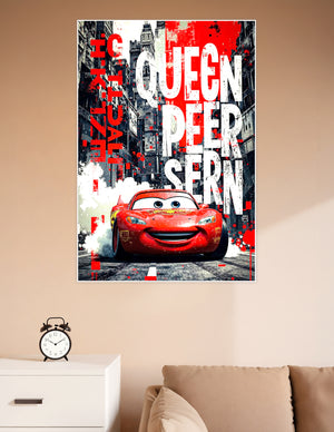 Lightning McQueen red race car urban street art poster with bold white and red typography on a gritty city background