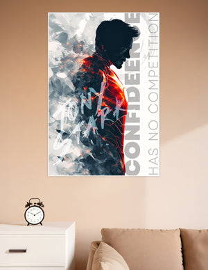 Cinematic silhouette of a man with glowing red energy lines and bold text reading Confidence Has No Competition on a dramatic fragmented background