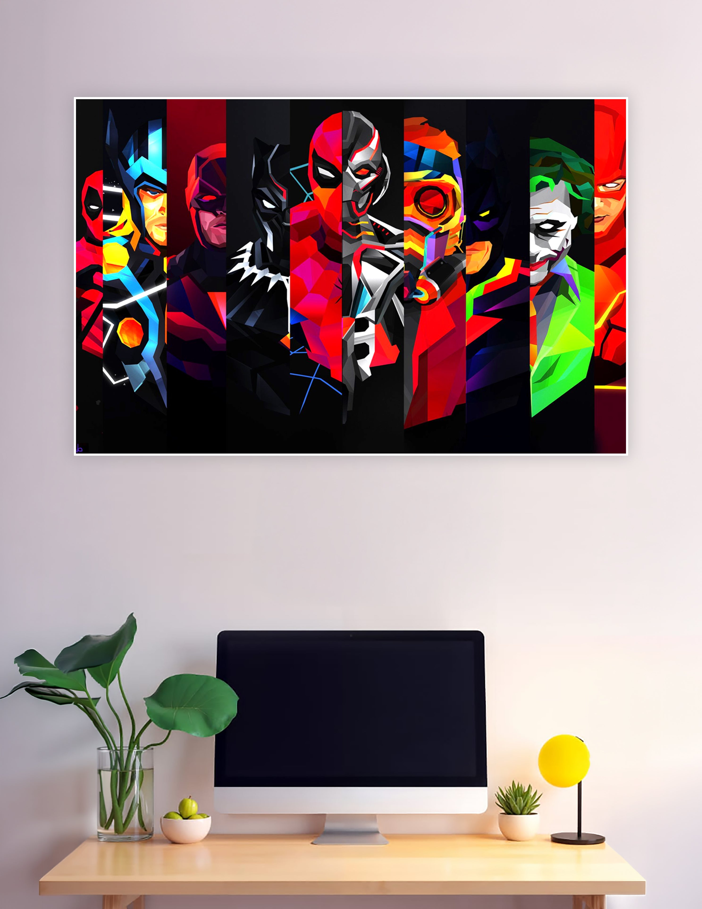 Low poly Marvel DC superheroes poster with neon colors