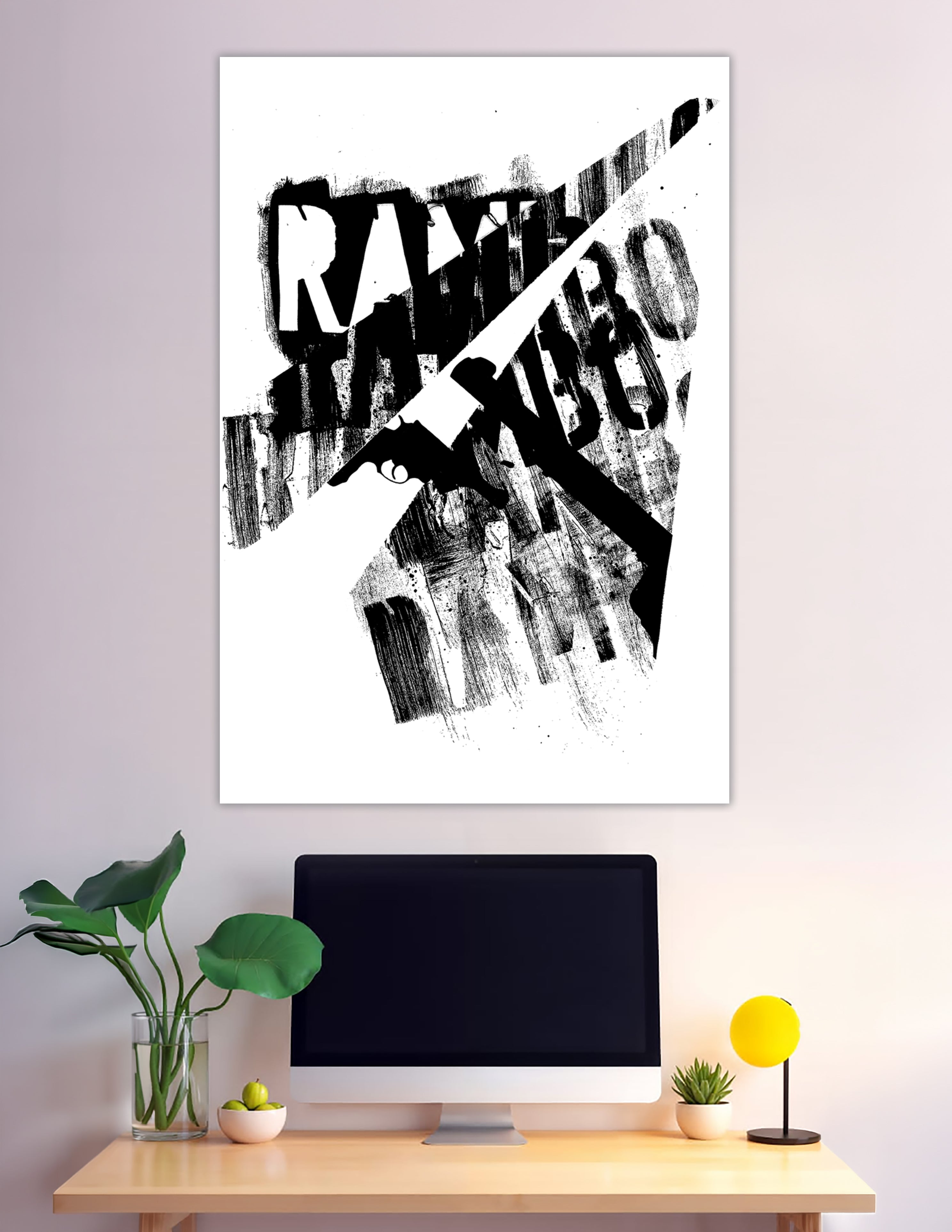 Black and white grunge art poster with Rambo stencil lettering, aggressive brushstroke textures, and a silhouetted figure holding a weapon