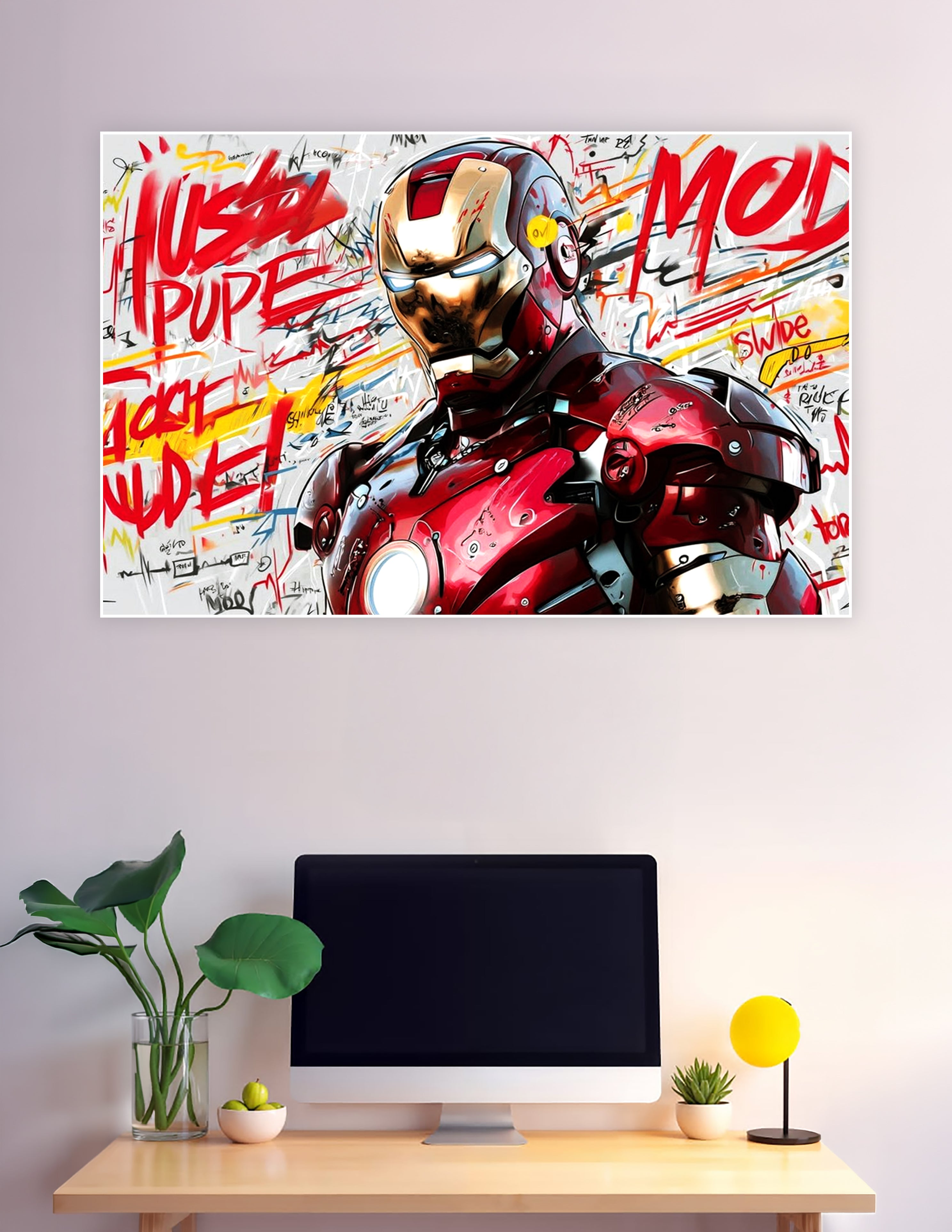 Iron Man in red and gold armor surrounded by bold graffiti lettering and street art brushstrokes on a white background