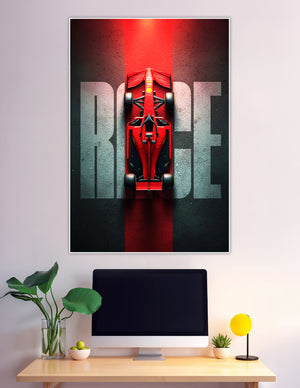 Top-down view of a red Formula 1 Ferrari race car on a dark asphalt background with bold RACE typography poster art
