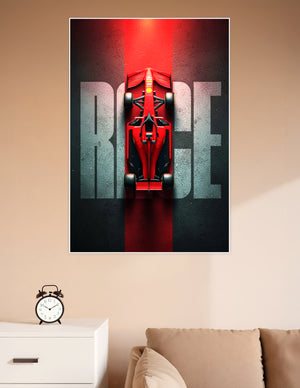 Top-down view of a red Formula 1 Ferrari race car on a dark asphalt background with bold RACE typography poster art