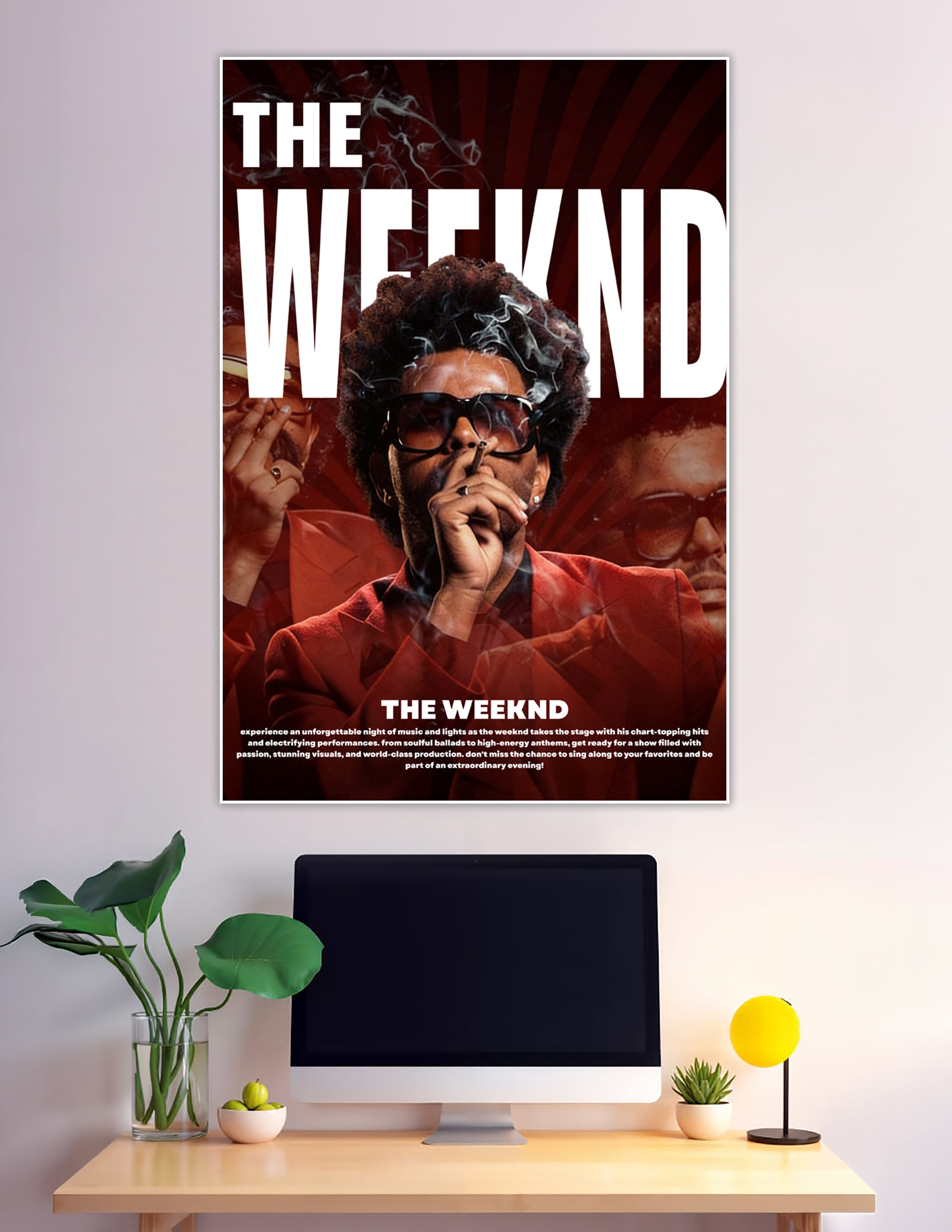 The Weeknd concert poster with bold red background, smoky atmosphere, oversized white typography, and dramatic sunburst design