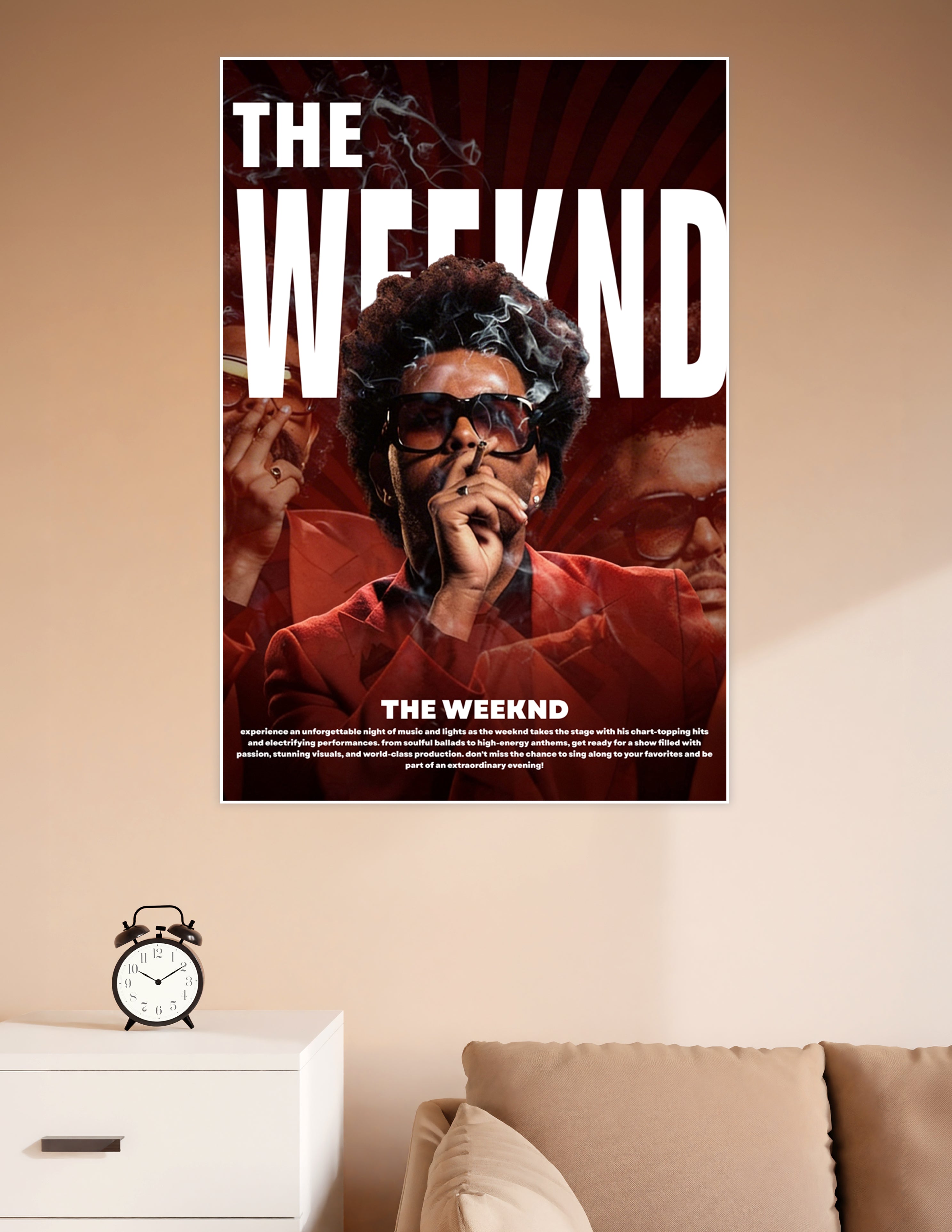The Weeknd concert poster with bold red background, smoky atmosphere, oversized white typography, and dramatic sunburst design