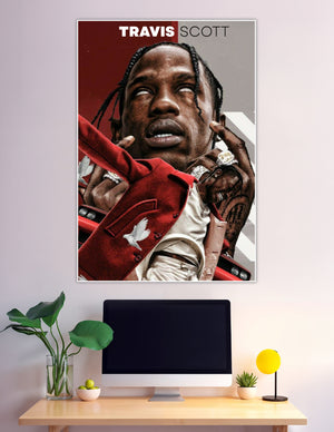 Travis Scott bold artistic portrait poster red jacket