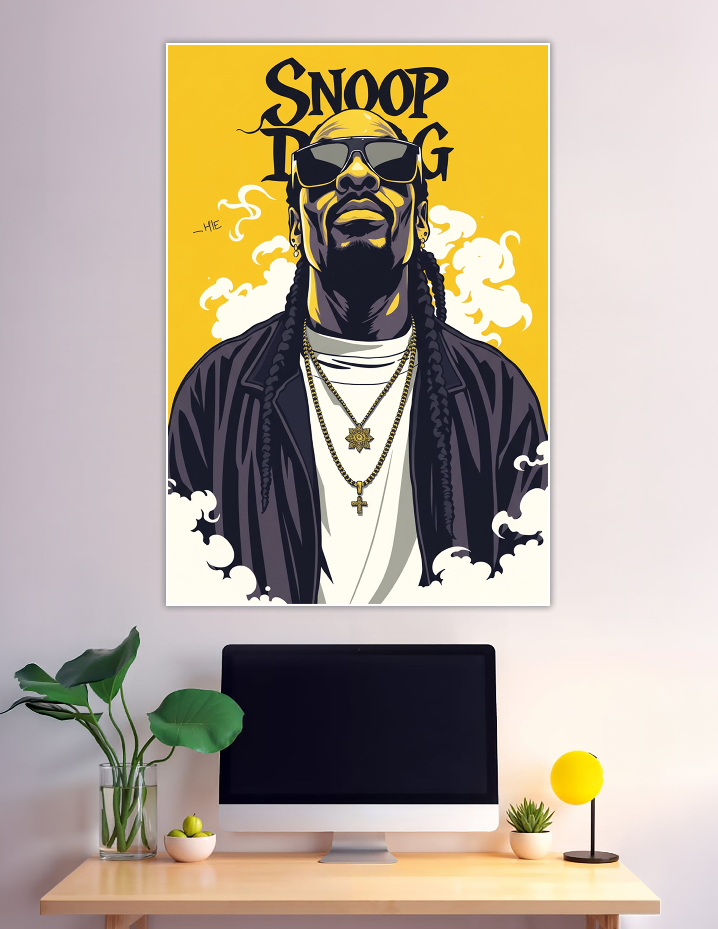 Snoop Dogg illustrated poster yellow background gold chains