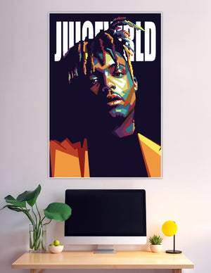 WPAP geometric pop art portrait of Juice WRLD with vibrant teal, gold, purple and orange colors on a dark navy background with bold white text
