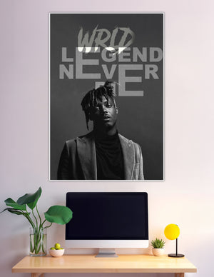 Black and white Juice WRLD tribute poster with bold 'WRLD Legends Never Die' typography overlay on a moody portrait