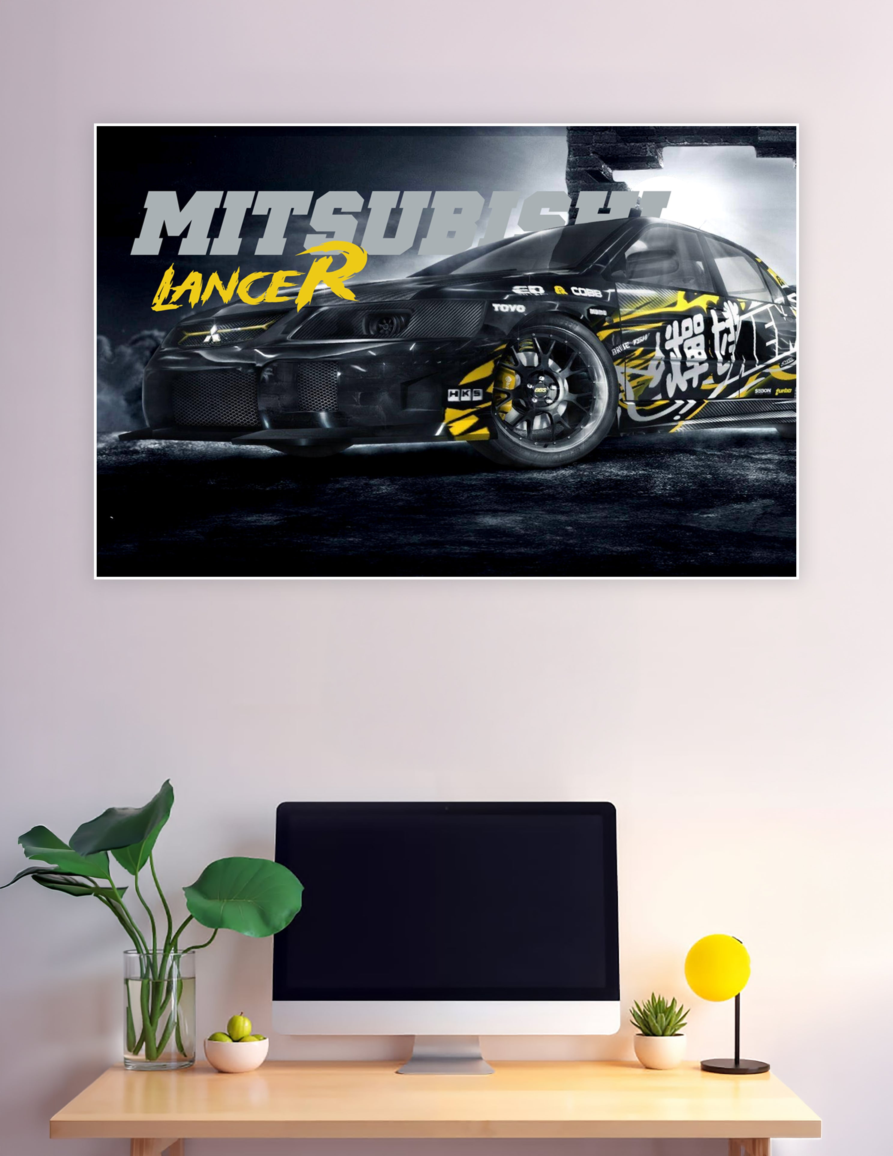 Mitsubishi Lancer R black yellow JDM drift car poster