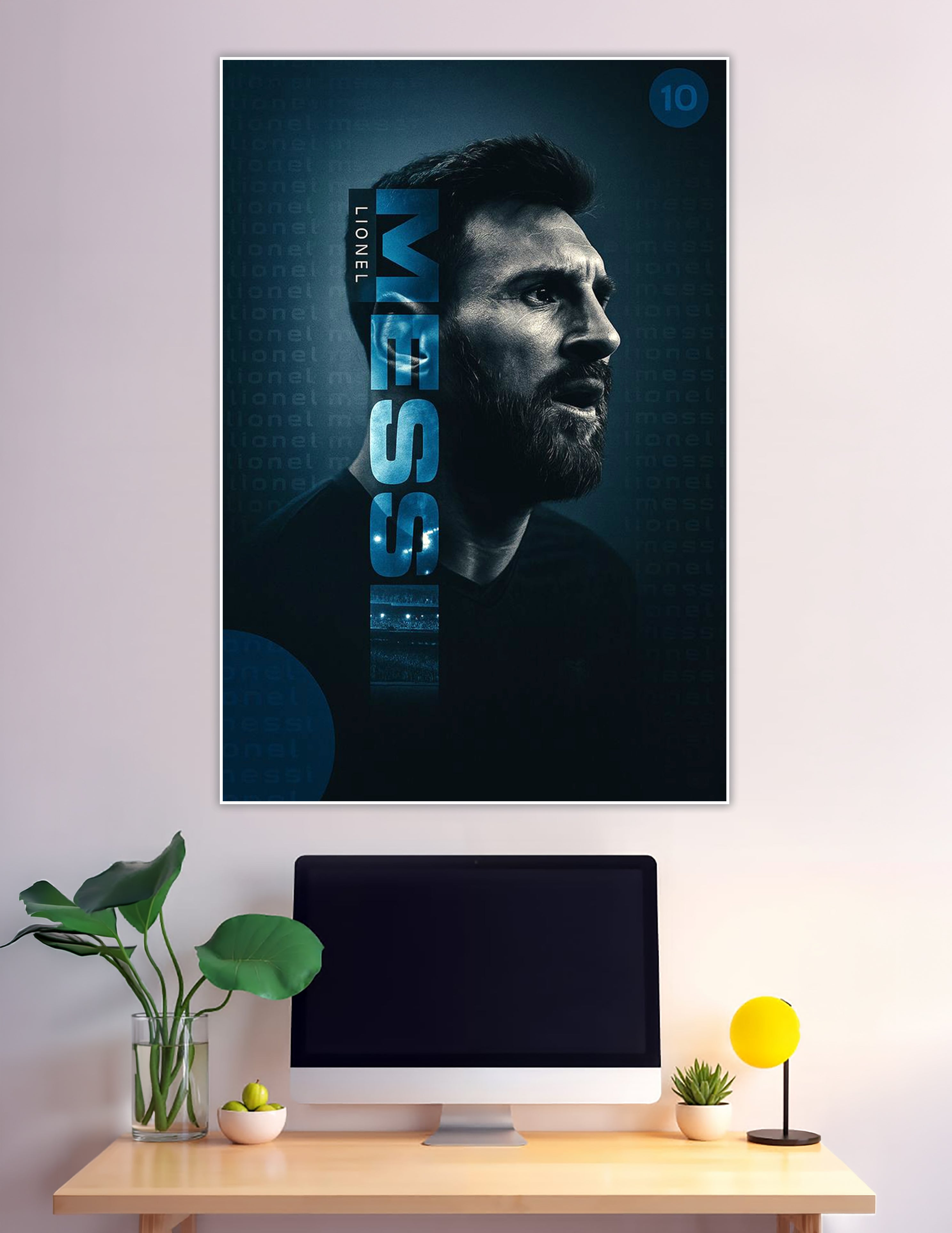 Cinematic blue-toned portrait poster of Lionel Messi with bold vertical MESSI typography and number 10 badge on dark background