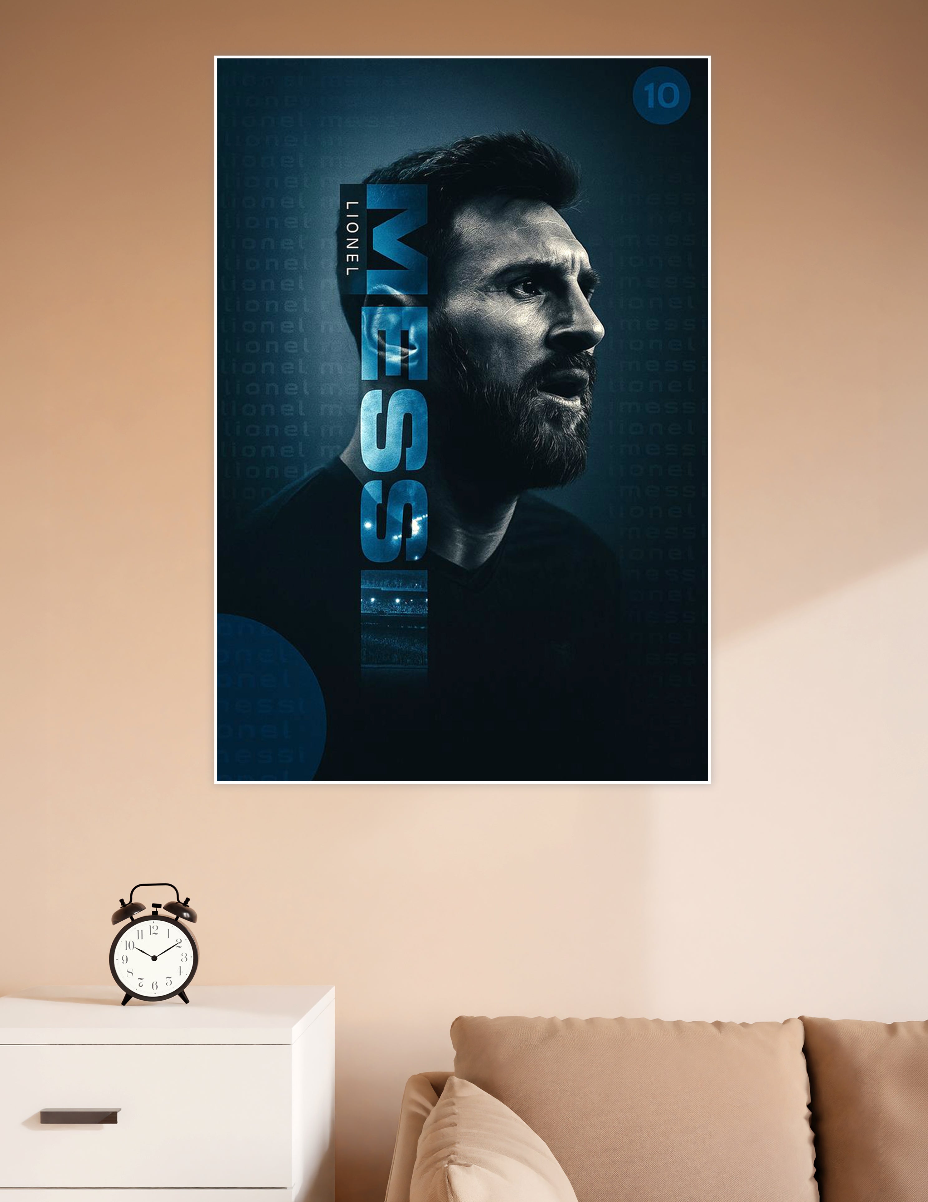 Cinematic blue-toned portrait poster of Lionel Messi with bold vertical MESSI typography and number 10 badge on dark background