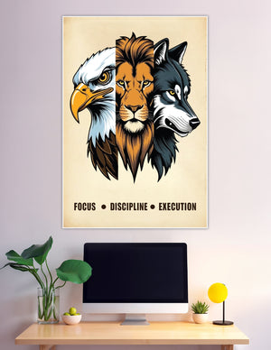 Motivational poster featuring a bald eagle, lion, and wolf side by side with the words Focus, Discipline, and Execution printed below on a vintage cream background