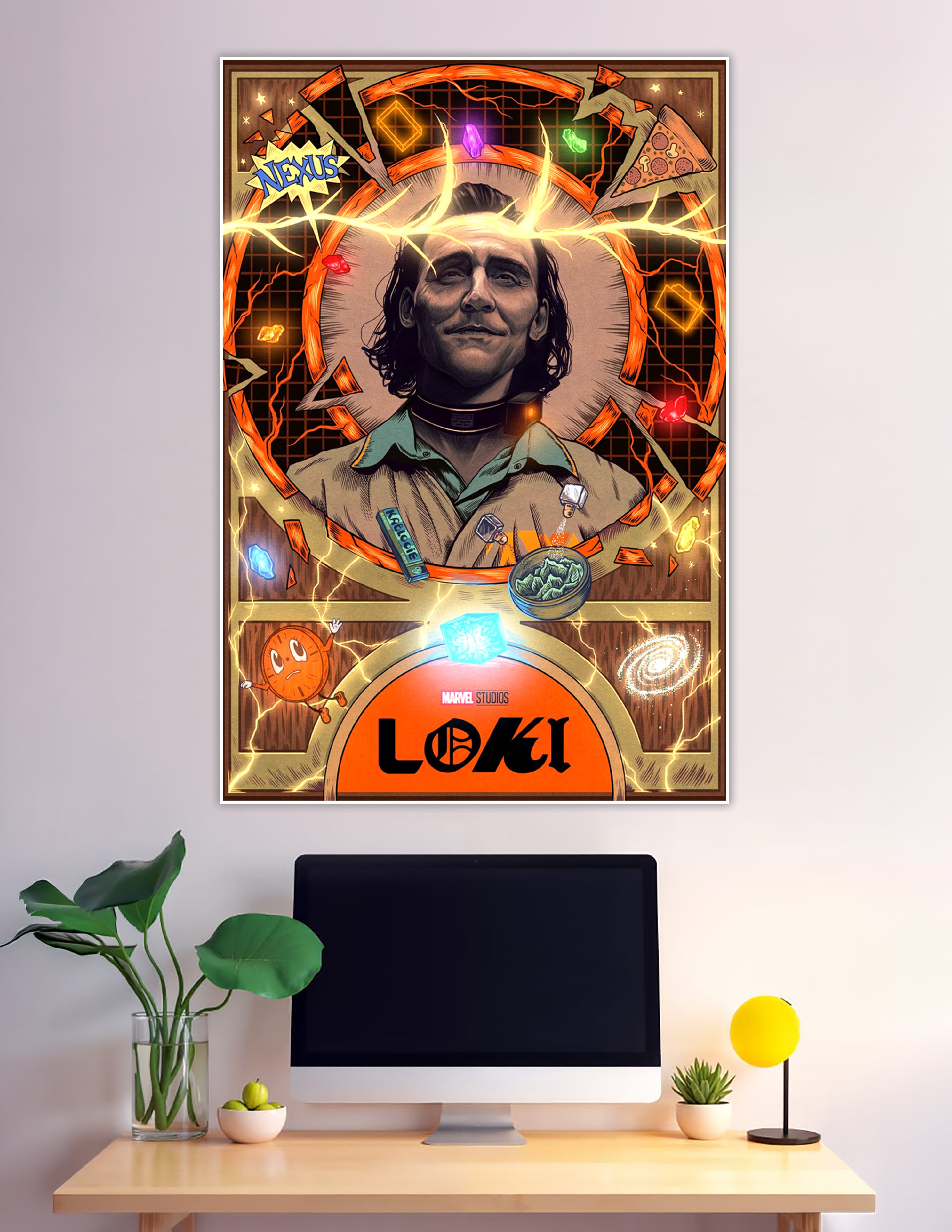 Marvel Studios Loki retro fan art poster featuring Loki at center surrounded by TVA Nexus event imagery, glowing Infinity Stones, lightning, and multiverse symbols on a warm amber background