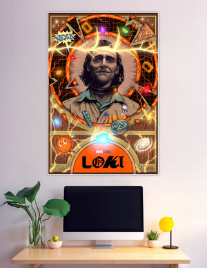 Marvel Studios Loki retro fan art poster featuring Loki at center surrounded by TVA Nexus event imagery, glowing Infinity Stones, lightning, and multiverse symbols on a warm amber background