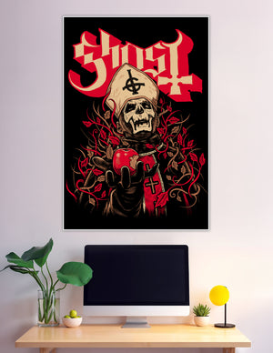 Ghost band Papa Emeritus skeletal pope holding red apple poster