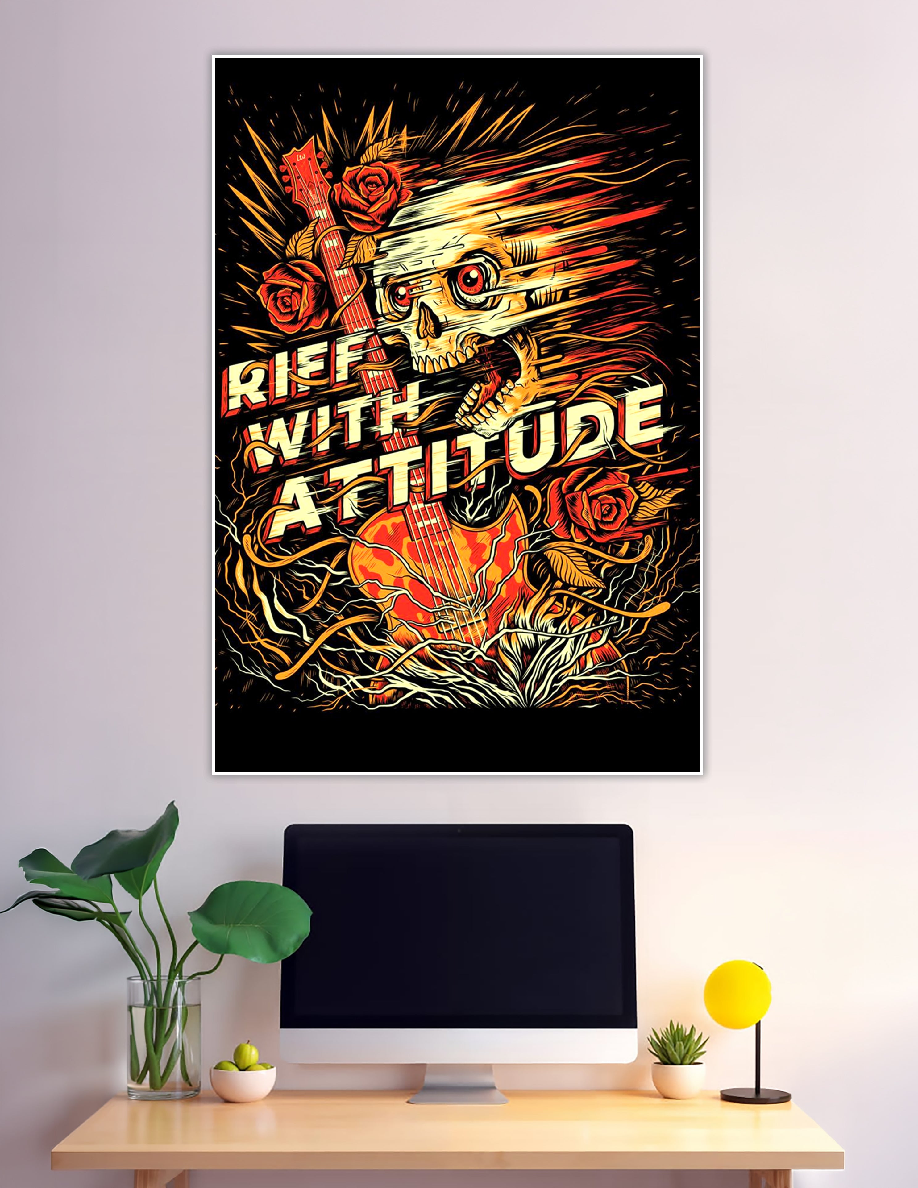 Rock music poster featuring a flaming skull holding an electric guitar with red roses and bold 'Riff With Attitude' typography on a black background