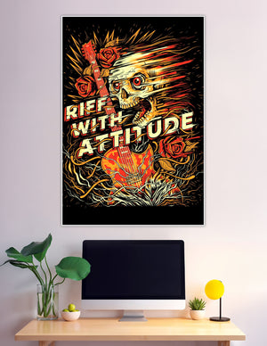 Rock music poster featuring a flaming skull holding an electric guitar with red roses and bold 'Riff With Attitude' typography on a black background