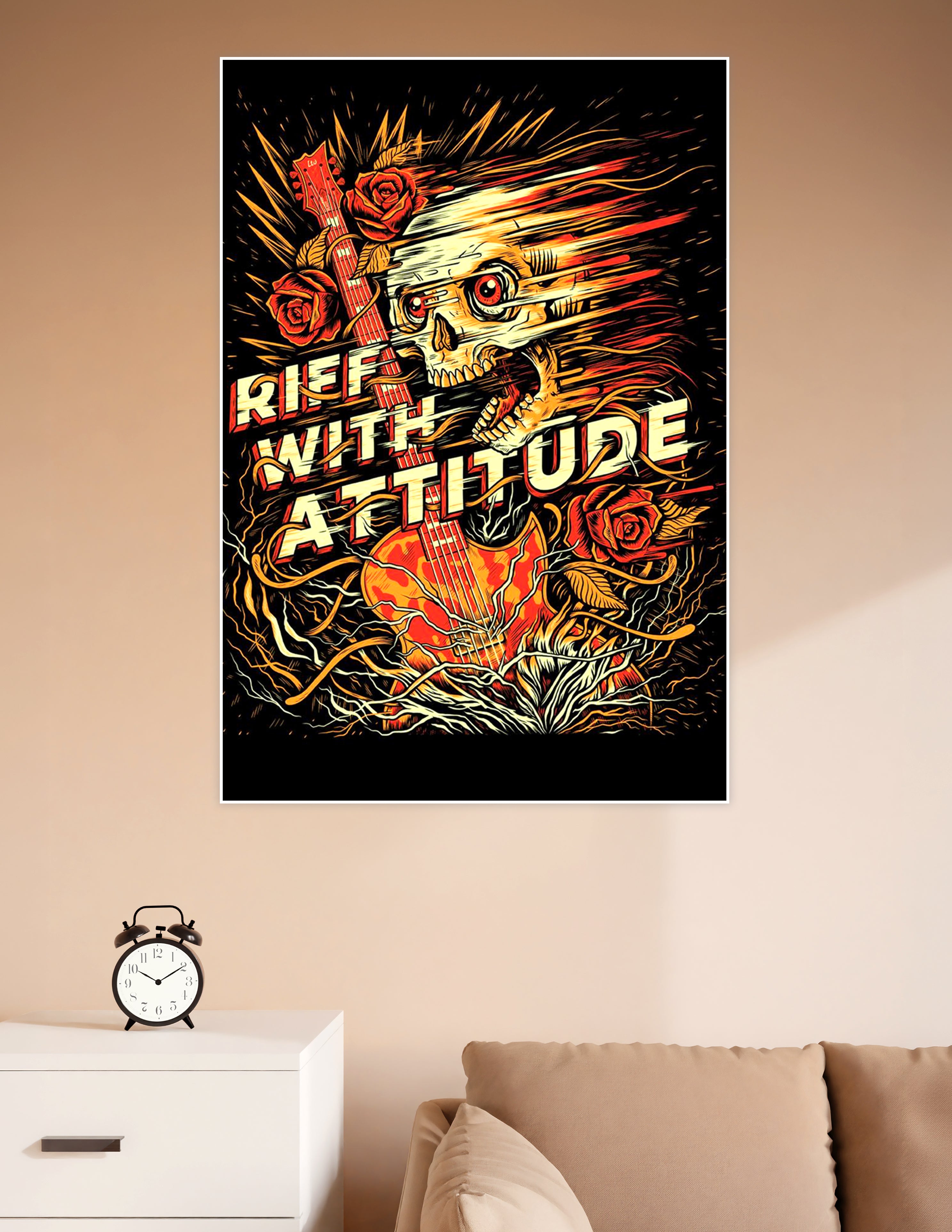Rock music poster featuring a flaming skull holding an electric guitar with red roses and bold 'Riff With Attitude' typography on a black background