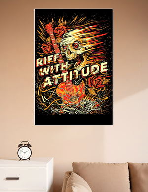 Rock music poster featuring a flaming skull holding an electric guitar with red roses and bold 'Riff With Attitude' typography on a black background