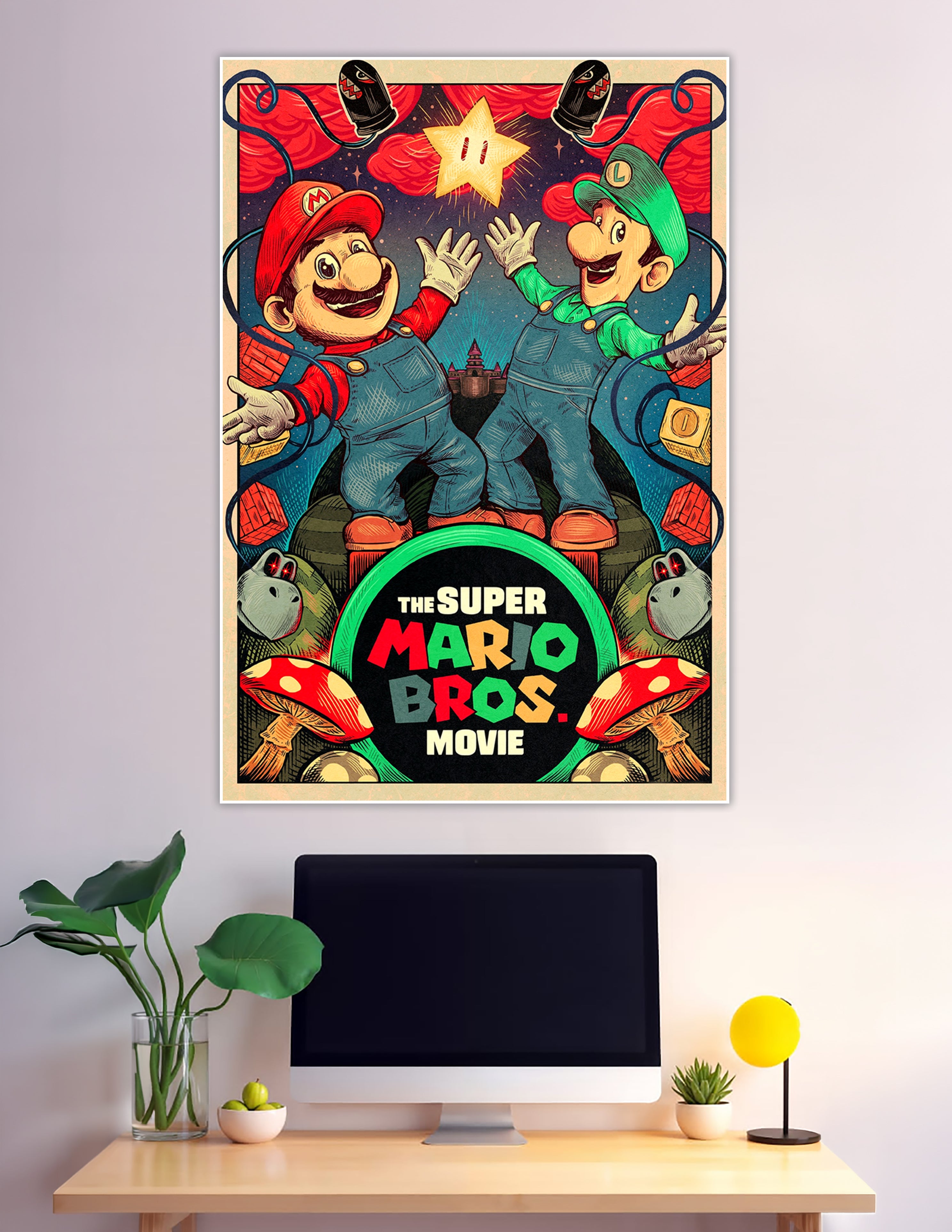 Vintage illustrated Super Mario Bros Movie poster with Luigi