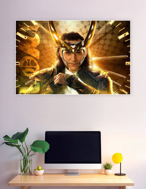 Loki in golden horned helmet and armor with dramatic golden bokeh background Marvel character poster print