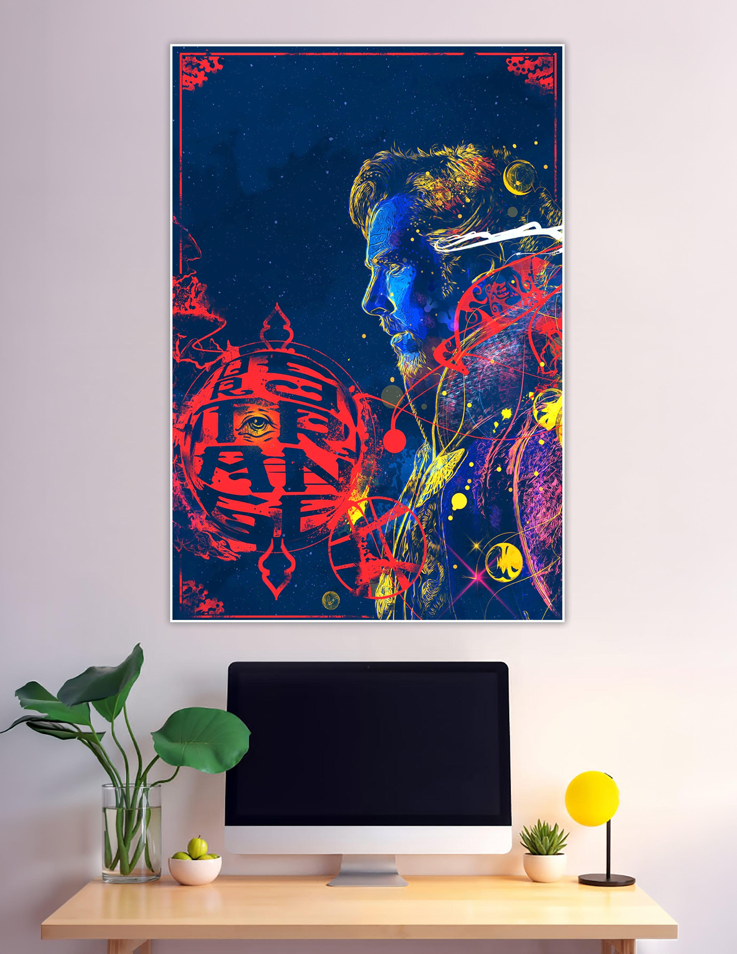 Psychedelic portrait of a mystical bearded sorcerer in cobalt blue with swirling red arcane glyphs, golden energy lines, and celestial orbs on a deep navy cosmic background