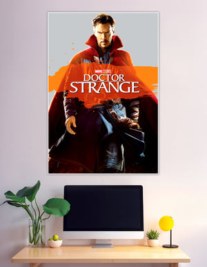 Doctor Strange Marvel Studios movie poster featuring the Sorcerer Supreme in his red Cloak of Levitation against a bold orange and grey background