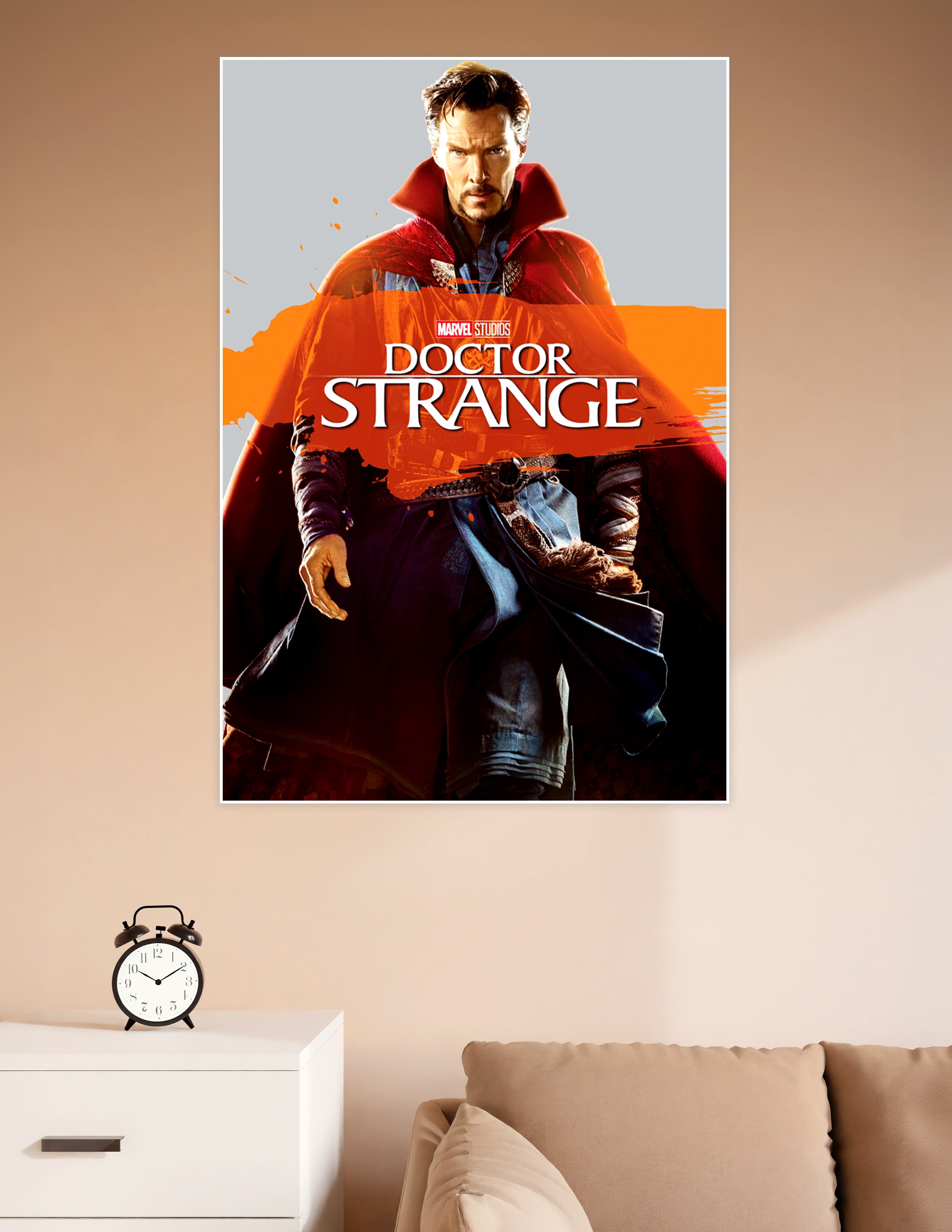 Doctor Strange Marvel Studios movie poster featuring the Sorcerer Supreme in his red Cloak of Levitation against a bold orange and grey background
