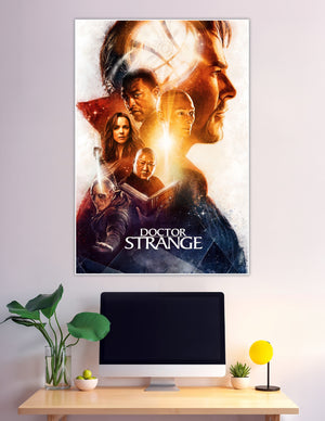 Doctor Strange Marvel movie poster featuring the Sorcerer Supreme and key characters in a dramatic golden and cosmic composition with the Eye of Agamotto