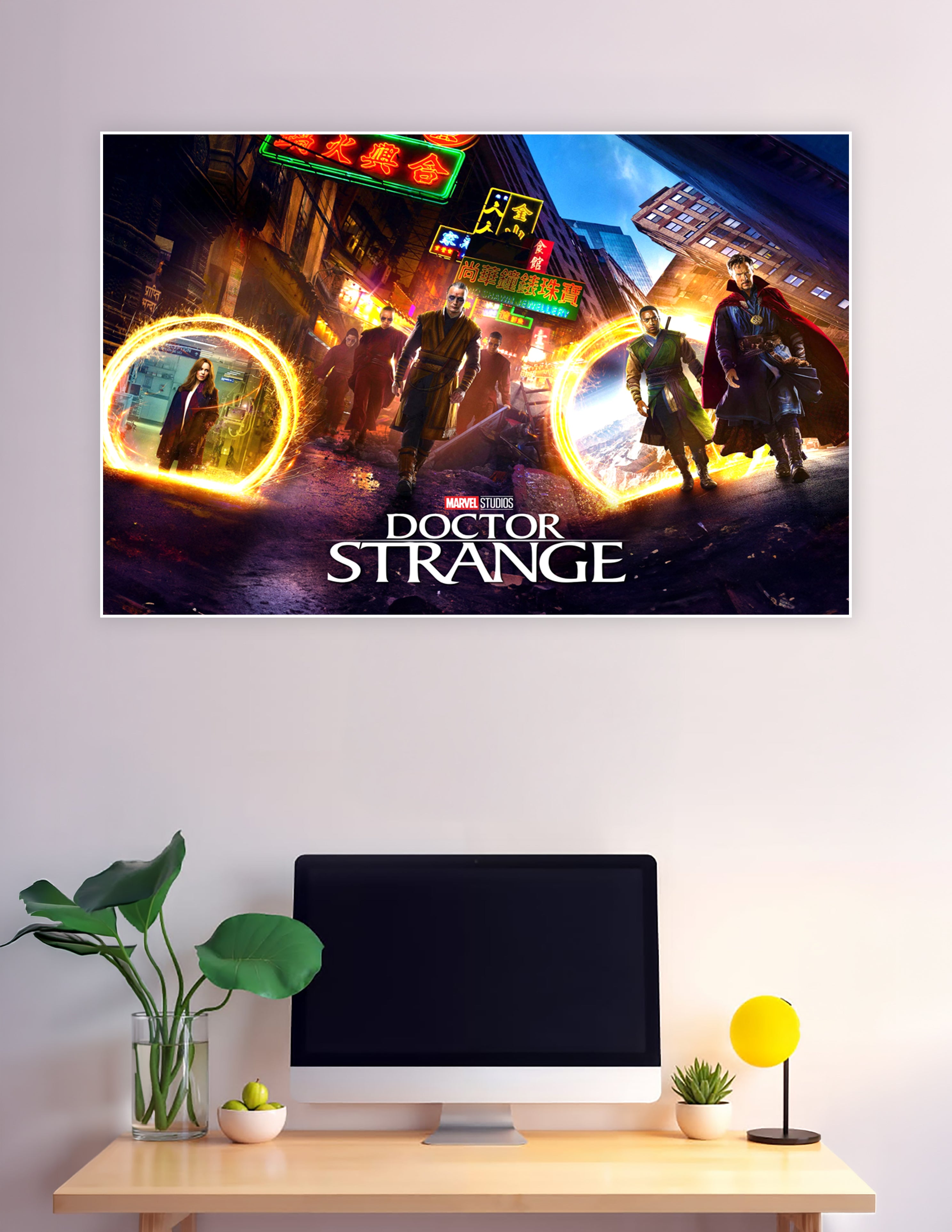 Doctor Strange Marvel Studios movie poster featuring the full cast with glowing sling ring portals on neon-lit Hong Kong streets