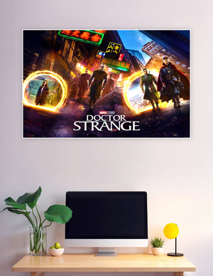 Doctor Strange Marvel Studios movie poster featuring the full cast with glowing sling ring portals on neon-lit Hong Kong streets
