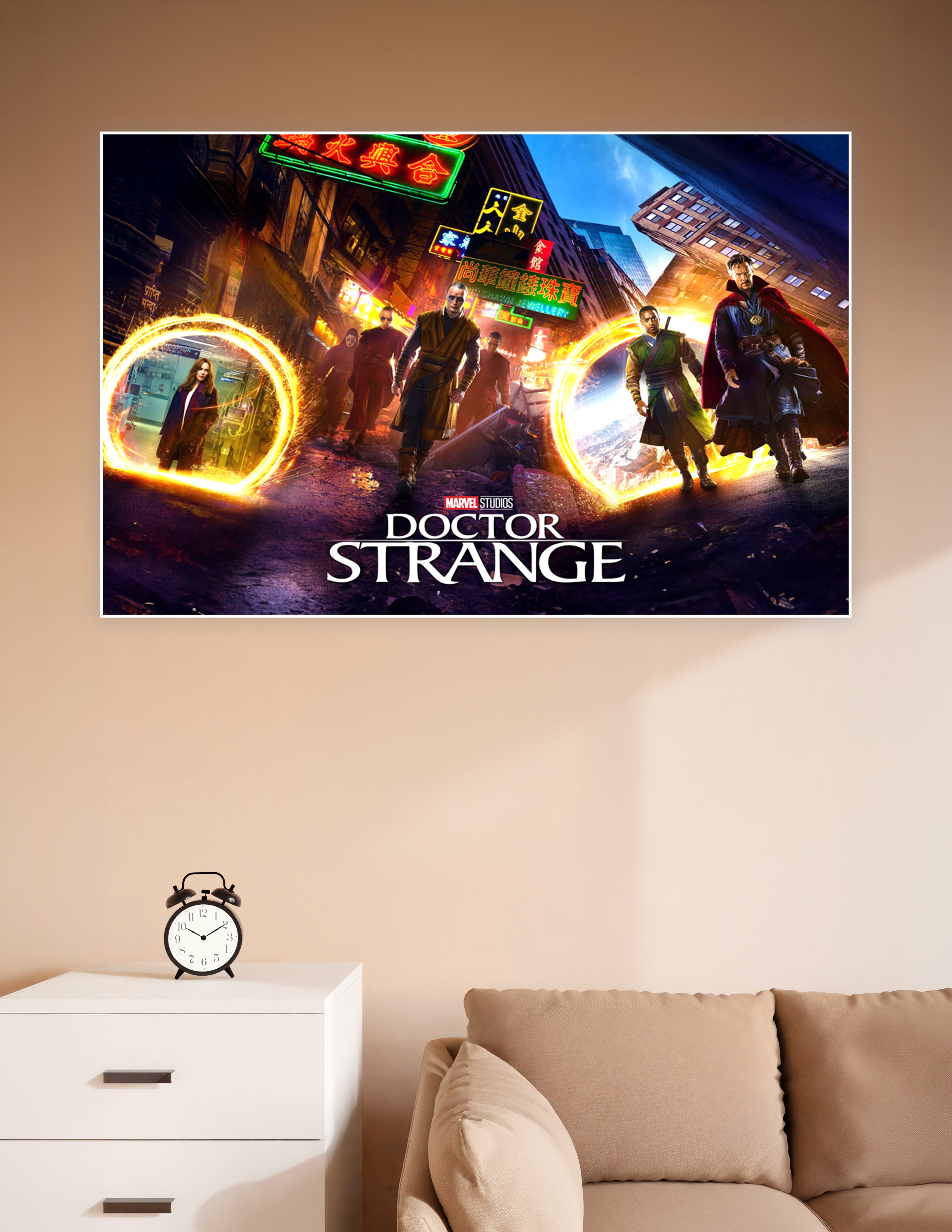 Doctor Strange Marvel Studios movie poster featuring the full cast with glowing sling ring portals on neon-lit Hong Kong streets