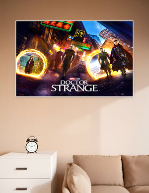 Doctor Strange Marvel Studios movie poster featuring the full cast with glowing sling ring portals on neon-lit Hong Kong streets