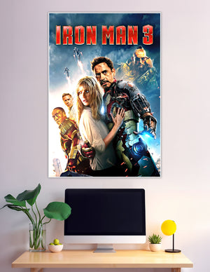 Iron Man 3 official movie poster featuring Tony Stark in battle-worn armor with key characters against a dramatic stormy sky background