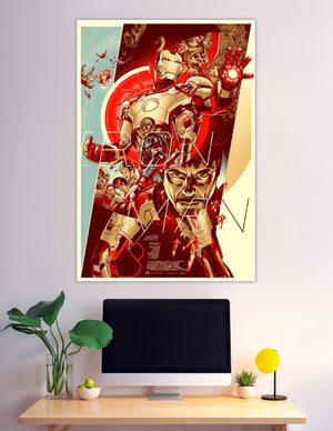 Iron Man 3 illustrated movie art poster featuring Tony Stark and the Mark 42 armor in red and gold tones with dynamic collage design