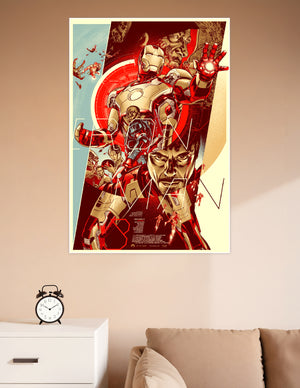 Iron Man 3 illustrated movie art poster featuring Tony Stark and the Mark 42 armor in red and gold tones with dynamic collage design
