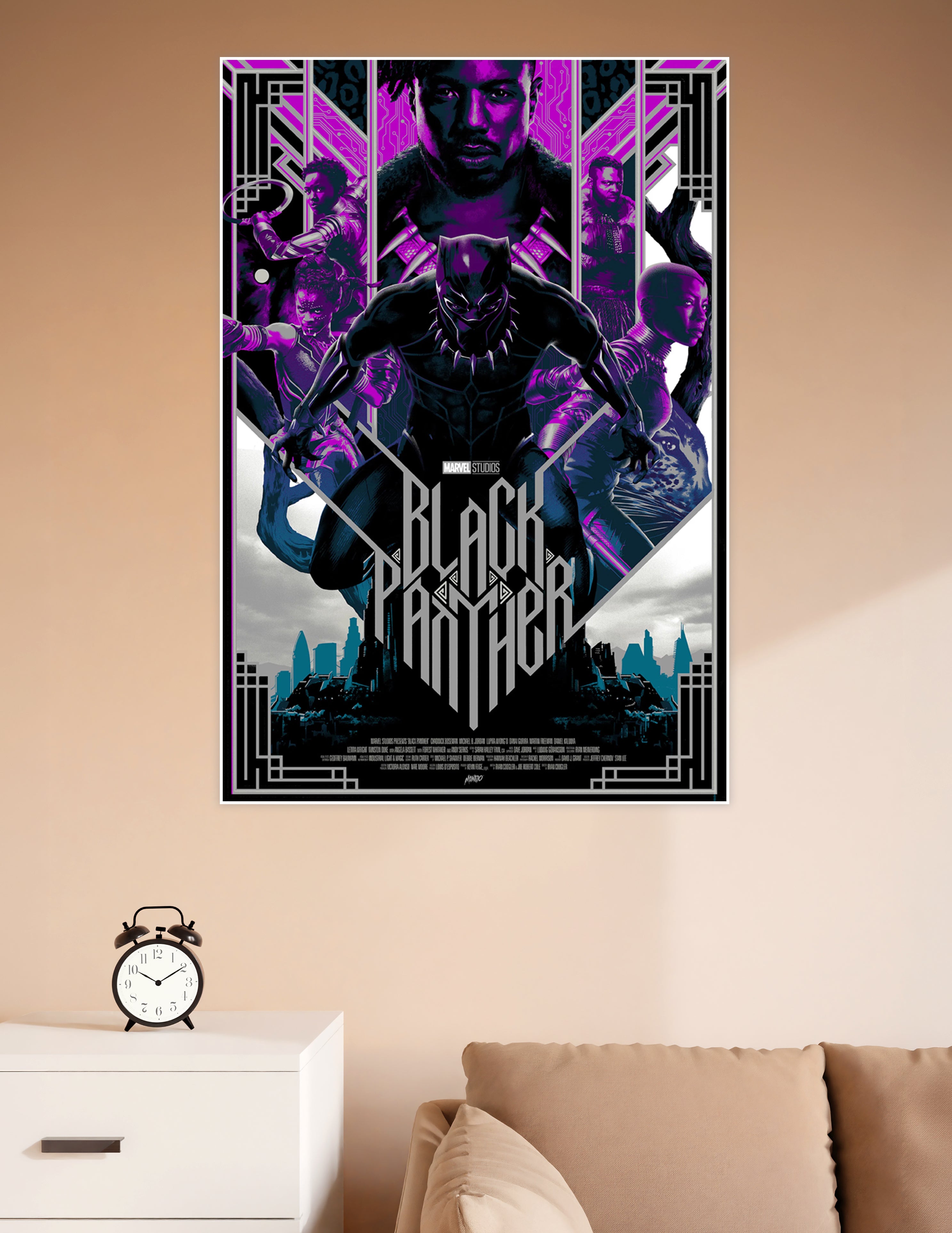 Black Panther Marvel Studios movie poster with art-deco design featuring the Black Panther suit, full cast ensemble, purple neon accents, and Wakanda cityscape