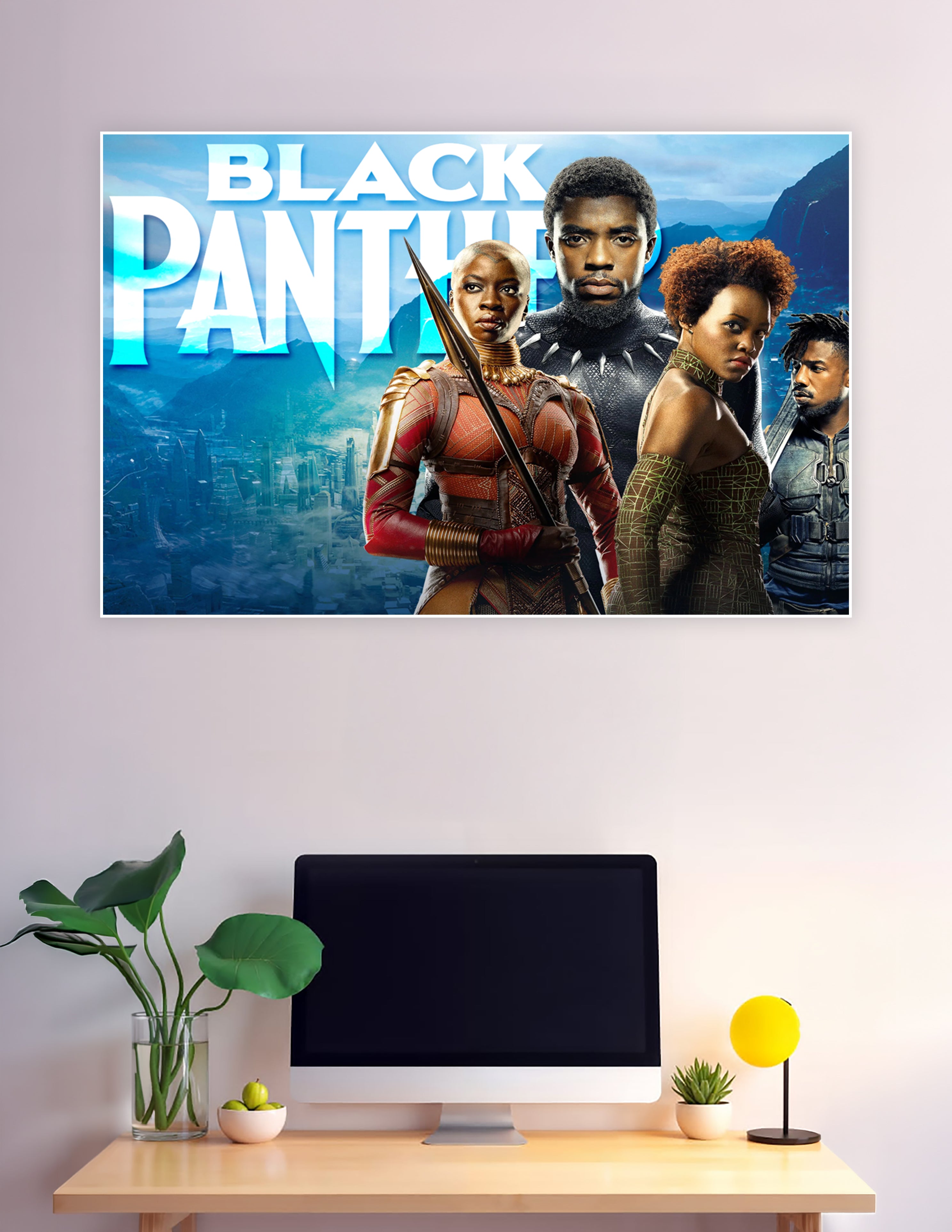 Black Panther Marvel movie poster featuring the Wakanda cast with bold blue cityscape background and the title text in white