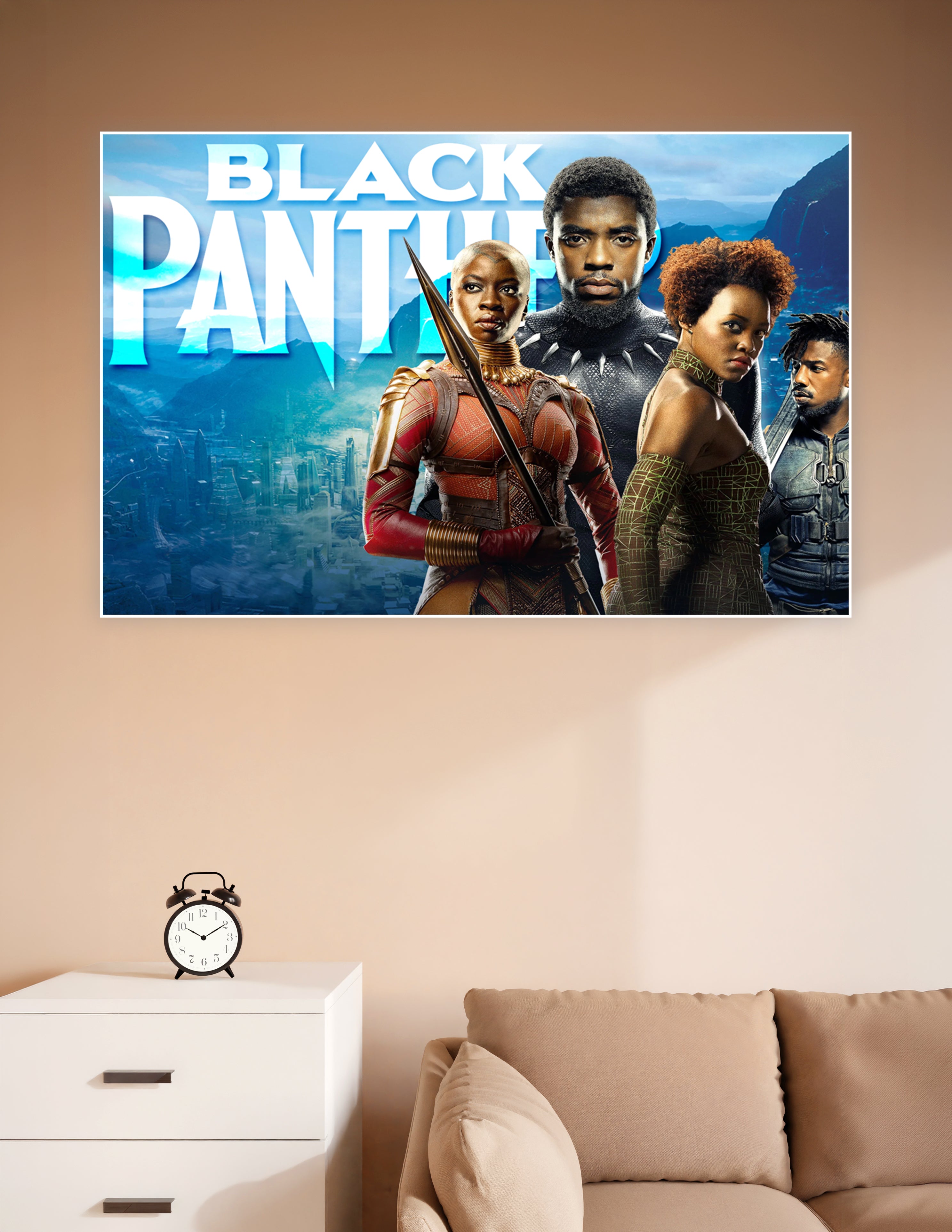 Black Panther Marvel movie poster featuring the Wakanda cast with bold blue cityscape background and the title text in white