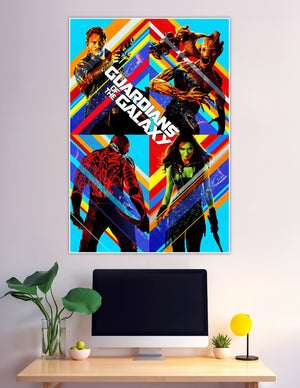 Guardians of the Galaxy poster featuring Star-Lord, Rocket, Groot, Drax, and Gamora in a vibrant retro geometric pop-art design on colorful chevron background