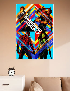 Guardians of the Galaxy poster featuring Star-Lord, Rocket, Groot, Drax, and Gamora in a vibrant retro geometric pop-art design on colorful chevron background