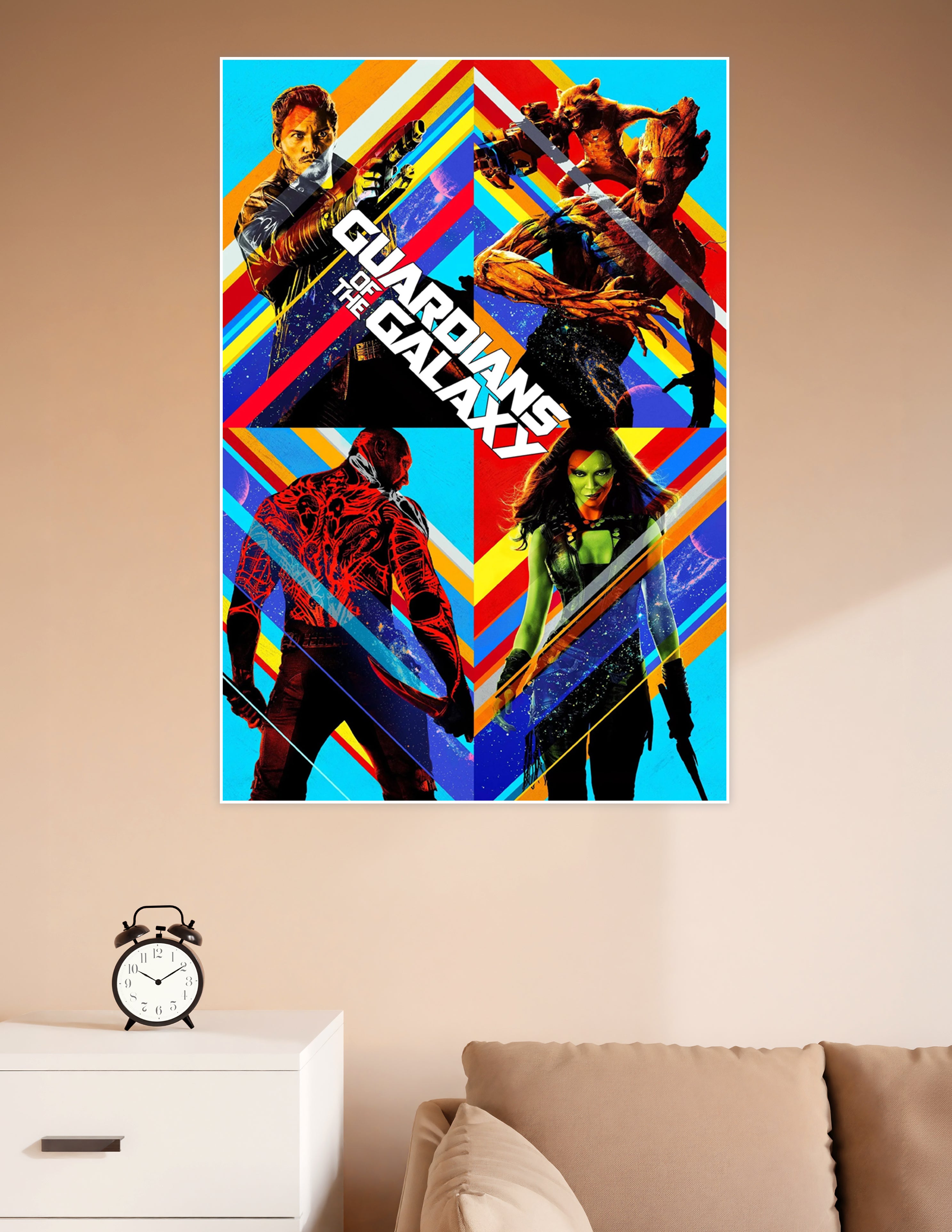 Guardians of the Galaxy poster featuring Star-Lord, Rocket, Groot, Drax, and Gamora in a vibrant retro geometric pop-art design on colorful chevron background